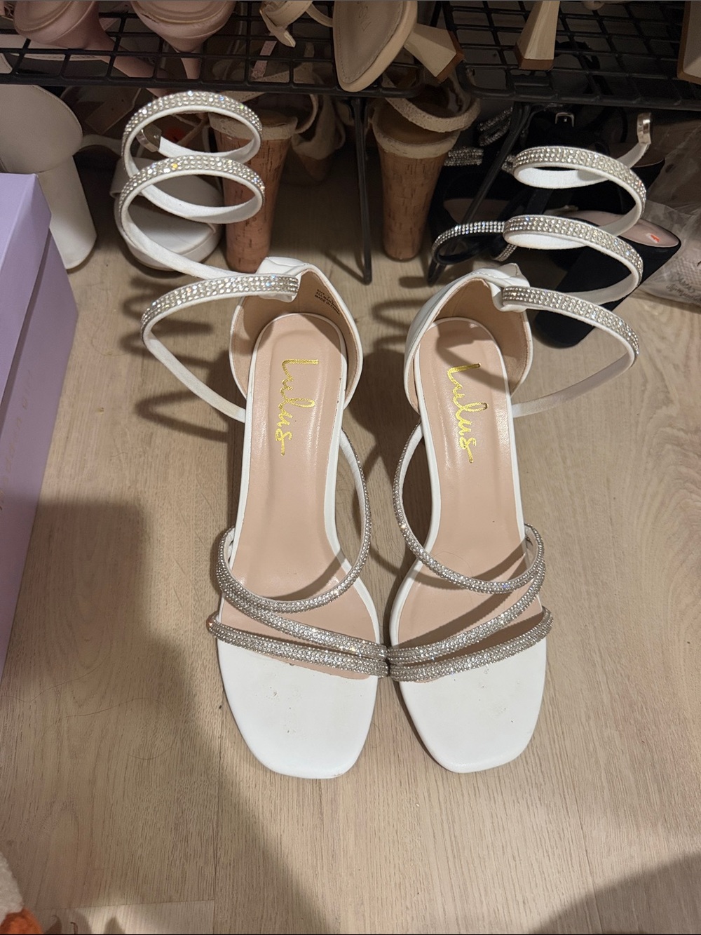Lulu's White Rhinestone Spiral Wrap Heels
